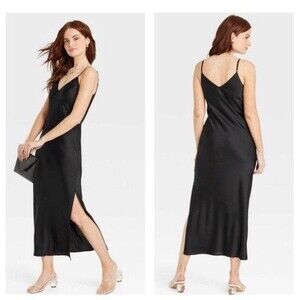 A New Day Women's Black Silky Slip Dress Side Slit Midi Spaghetti Strap Size M